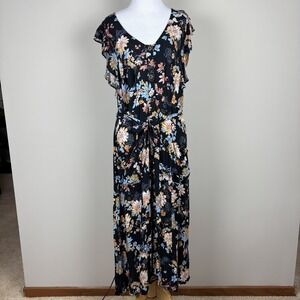 Xhilaration Midi Dress Womens Large Moody Floral Button Up Belted Flutter Sleeve